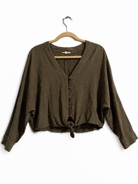 Sim and Sam Women's Top Olive Green Button-Up Front Tie Oversized Long Sleeves.